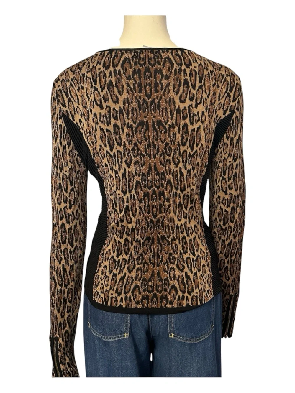 Cache Leopard Knit Zip Up Cardigan Womens XS Longs Sleeve Gold Brown